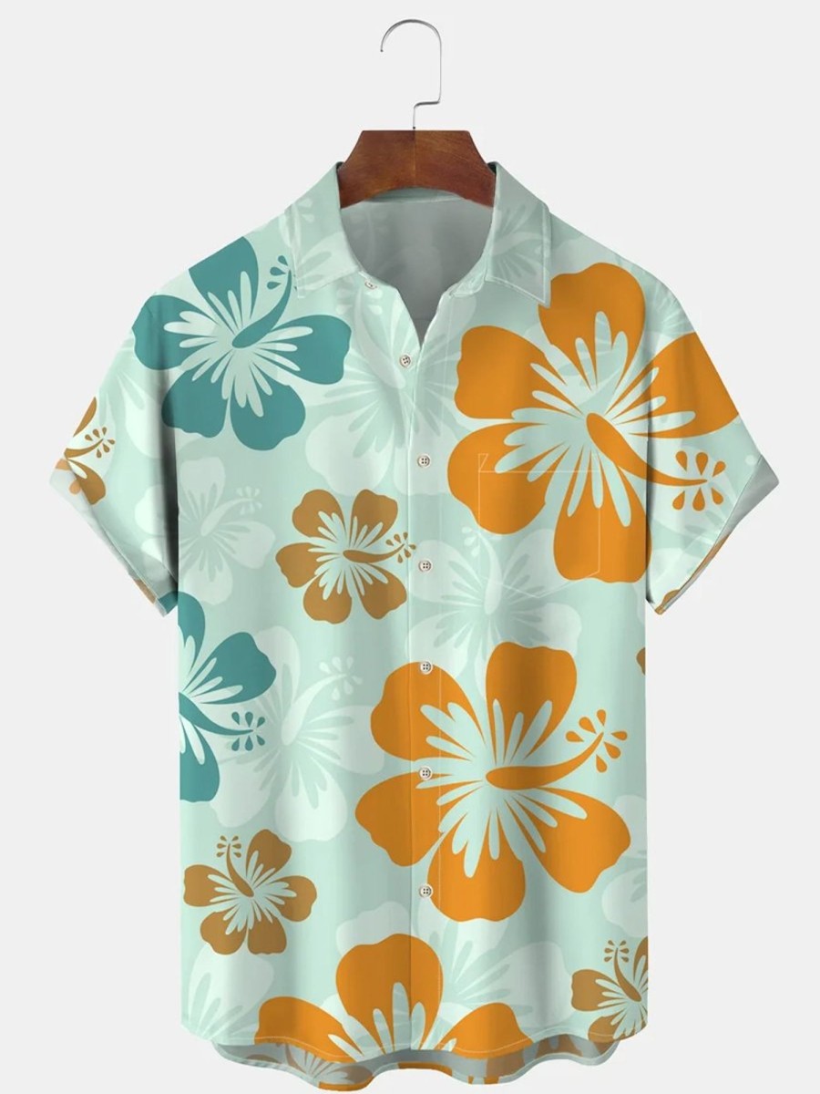 Men HLJ Shirts | Hibiscus Print Beach Men'S Vacation Hawaiian Aloha Shirt Light Green