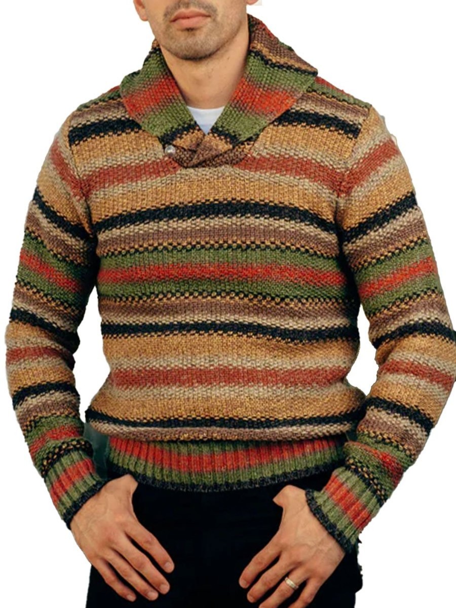 Men DJ Sweater | V-Neck Vintage Striped Knitted Pullover Sweater Photo Color