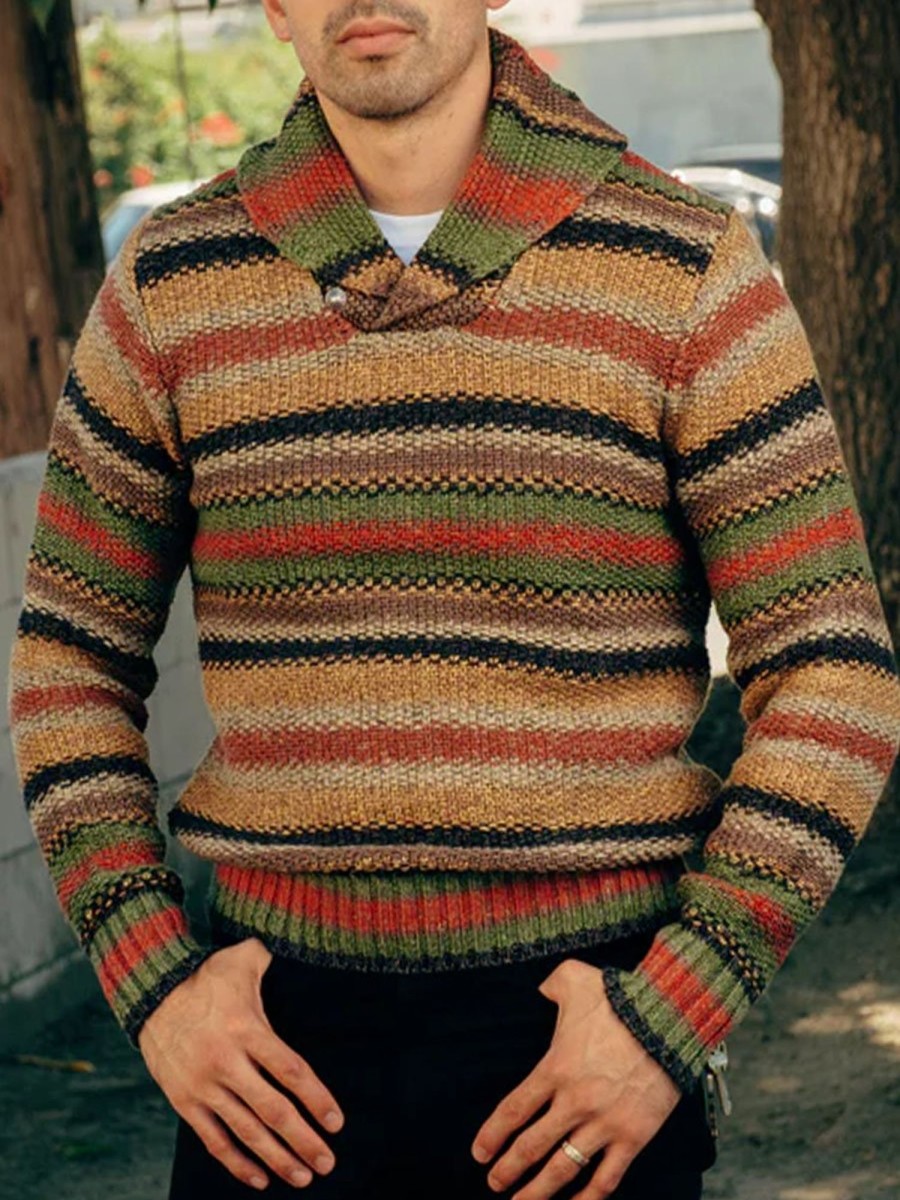 Men DJ Sweater | V-Neck Vintage Striped Knitted Pullover Sweater Photo Color