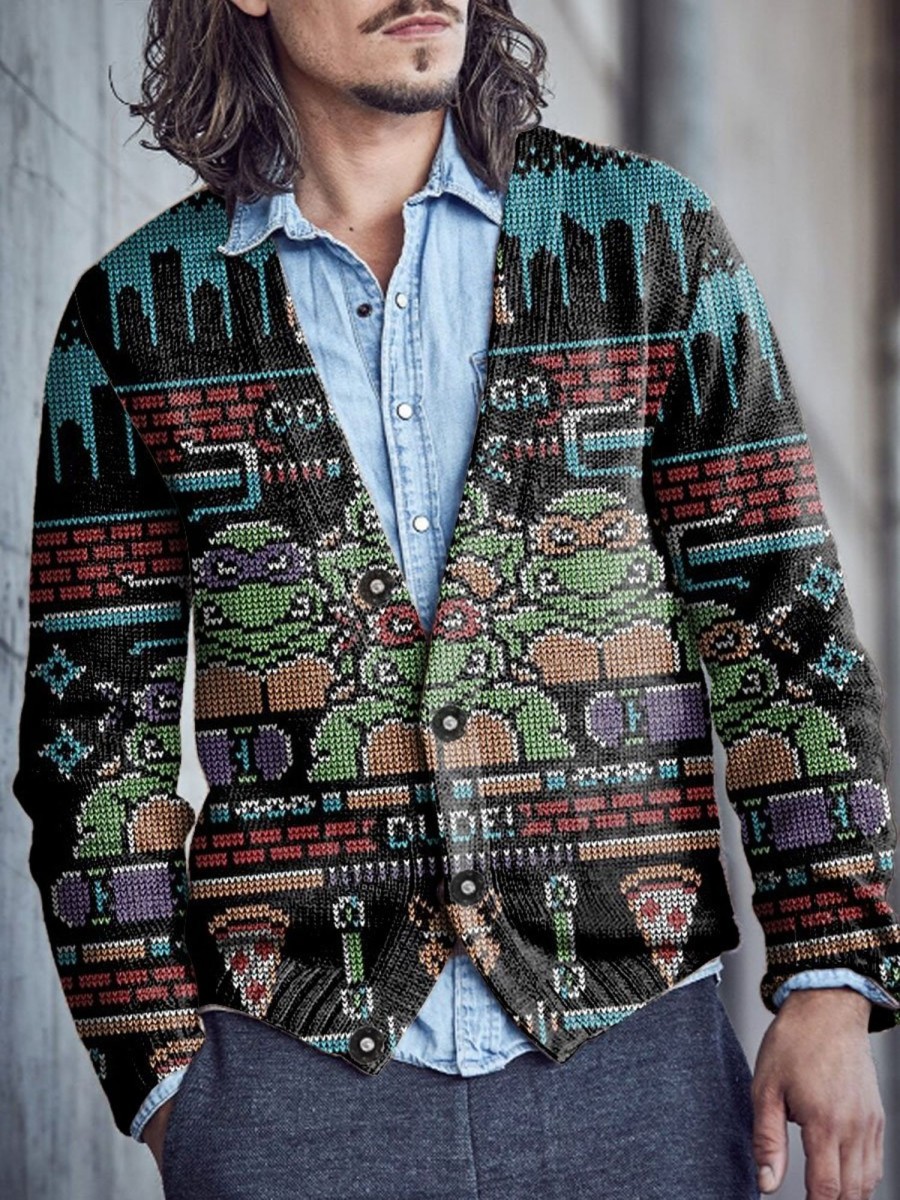 Men BXL Print Cardigan | Men'S Casual Retro Fun Cartoon Game V-Neck Sweater Cardigan Photo Color