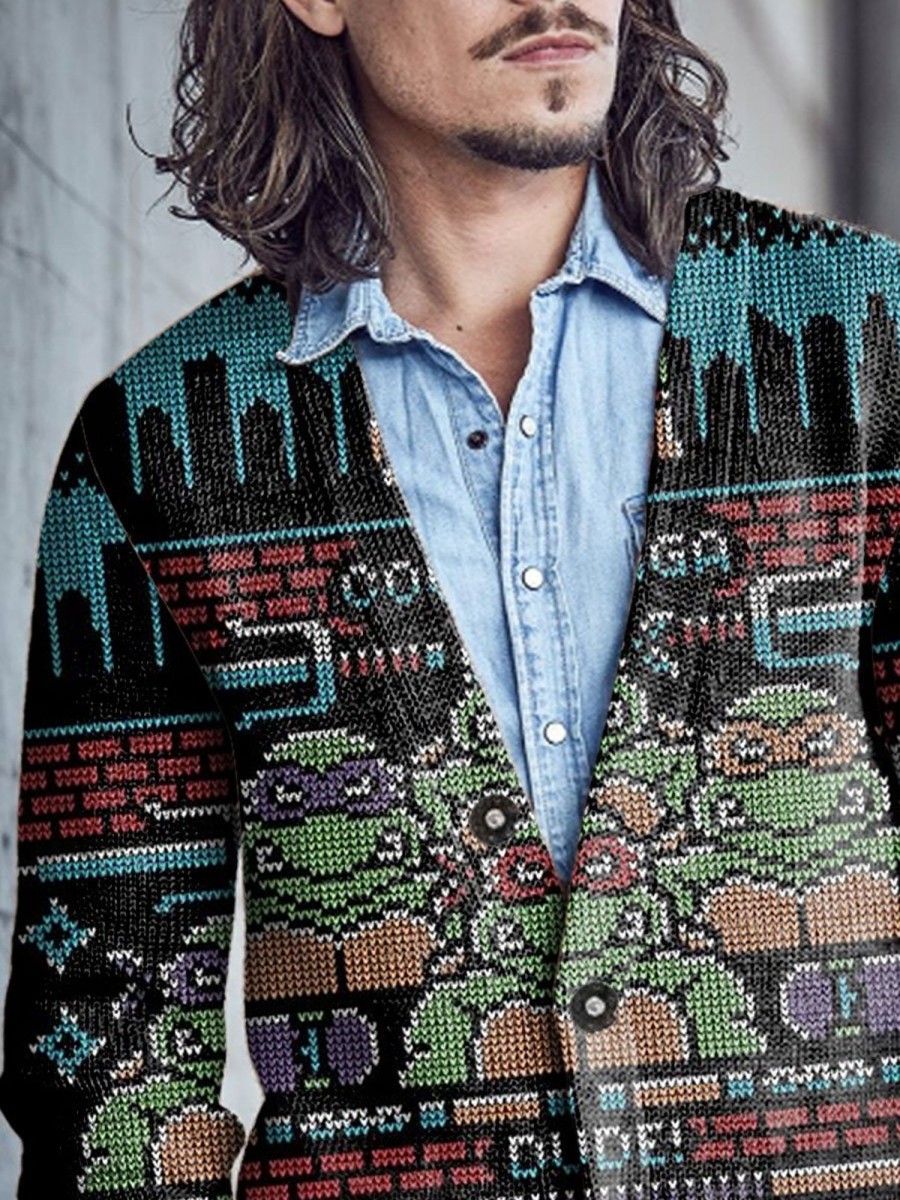 Men BXL Print Cardigan | Men'S Casual Retro Fun Cartoon Game V-Neck Sweater Cardigan Photo Color