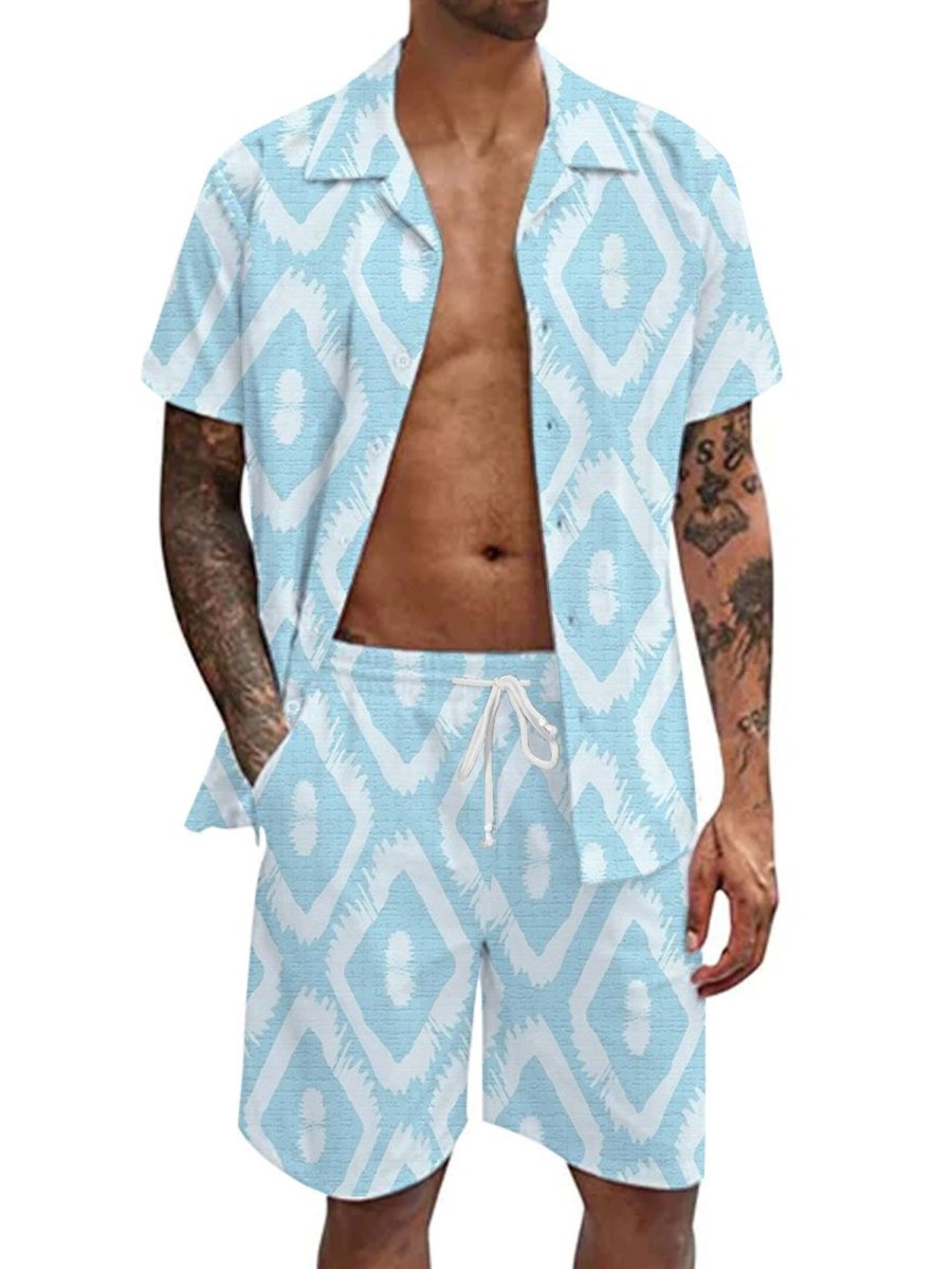 Men GYJ Set | Check Print Short-Sleeved Shirt And Shorts Two-Piece Set Blue