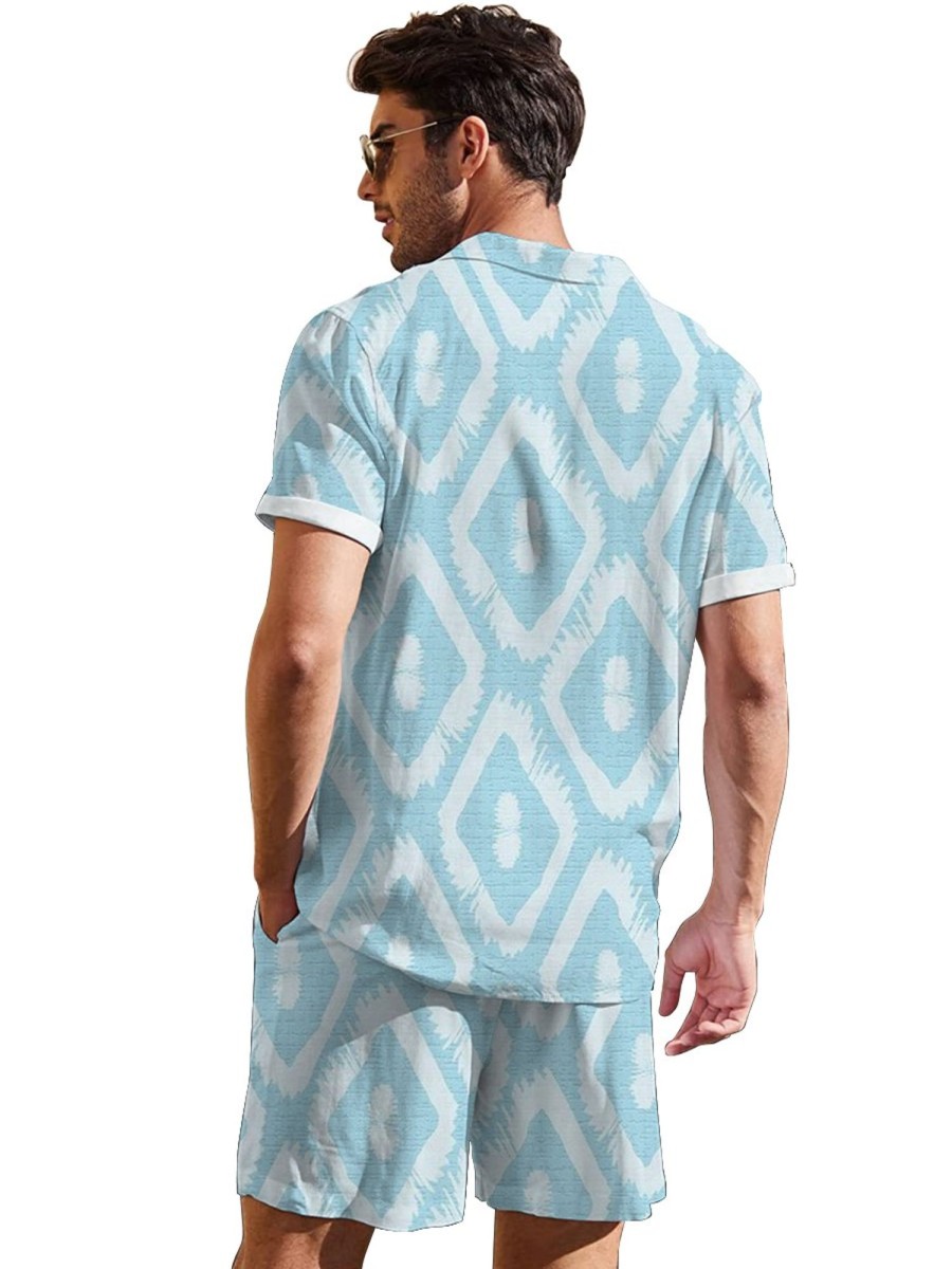 Men GYJ Set | Check Print Short-Sleeved Shirt And Shorts Two-Piece Set Blue