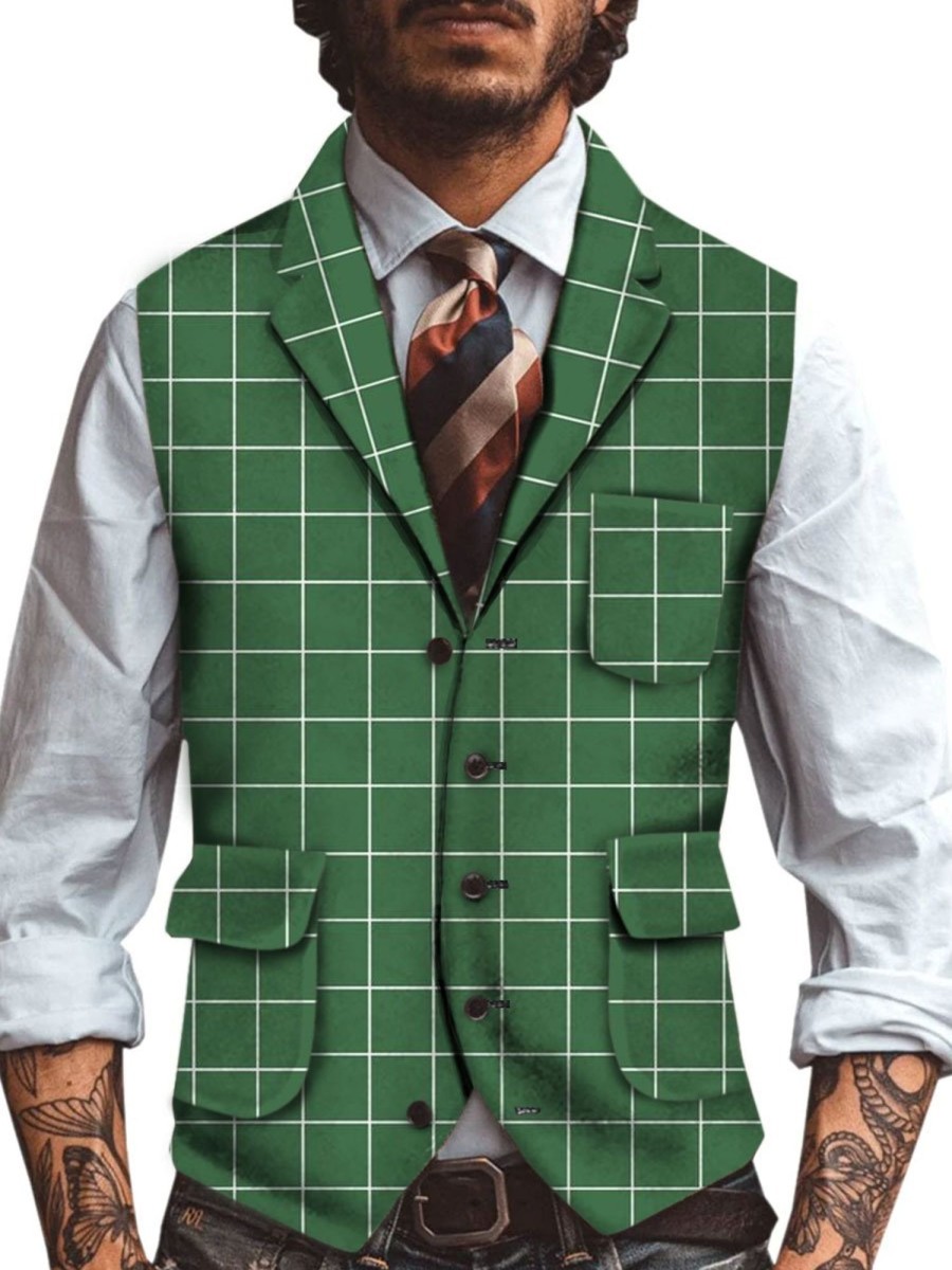 Men DJ Vest | Plaid Print Casual Three-Pocket Lapel Vest Green