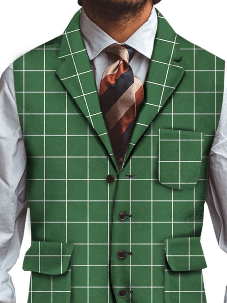 Men DJ Vest | Plaid Print Casual Three-Pocket Lapel Vest Green