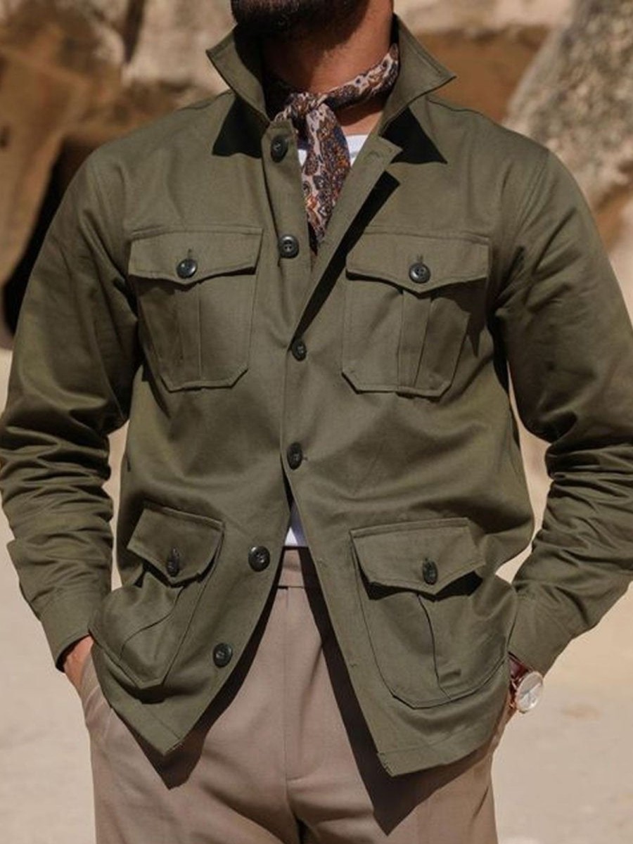 Men DJ Jacket | Vintage Solid Color Single Breasted Multi Pocket Lapel Jacket Army Green