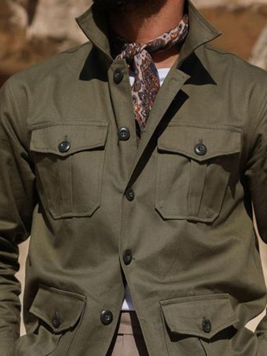 Men DJ Jacket | Vintage Solid Color Single Breasted Multi Pocket Lapel Jacket Army Green