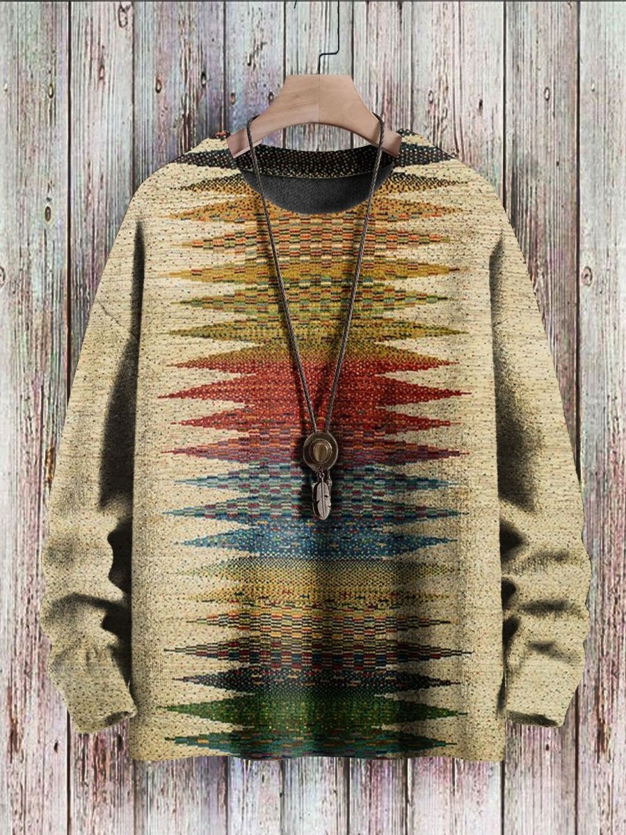 Men BXL Print Sweater | Men'S Casual Colorful Geometric Print Pullover Sweater 53446629Xl Khaki