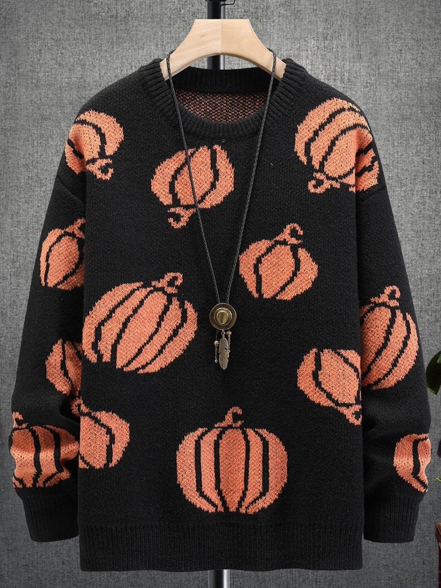 Men DJ Print Sweater | Halloween Pumpkin Print Crew Neck Knit Sweater Black