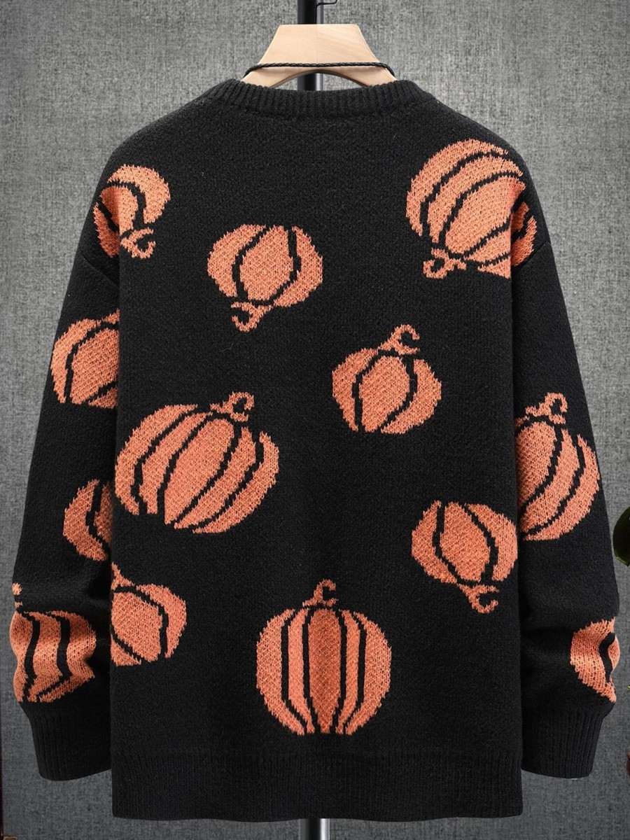 Men DJ Print Sweater | Halloween Pumpkin Print Crew Neck Knit Sweater Black