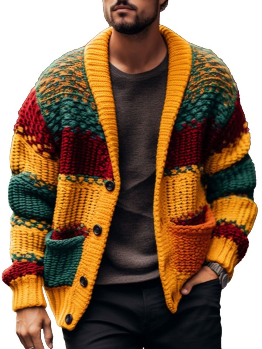 Men BXL Cardigan | Men'S Colorful Striped Pocket Button Casual Knitted Jacket Cardigan Photo Color