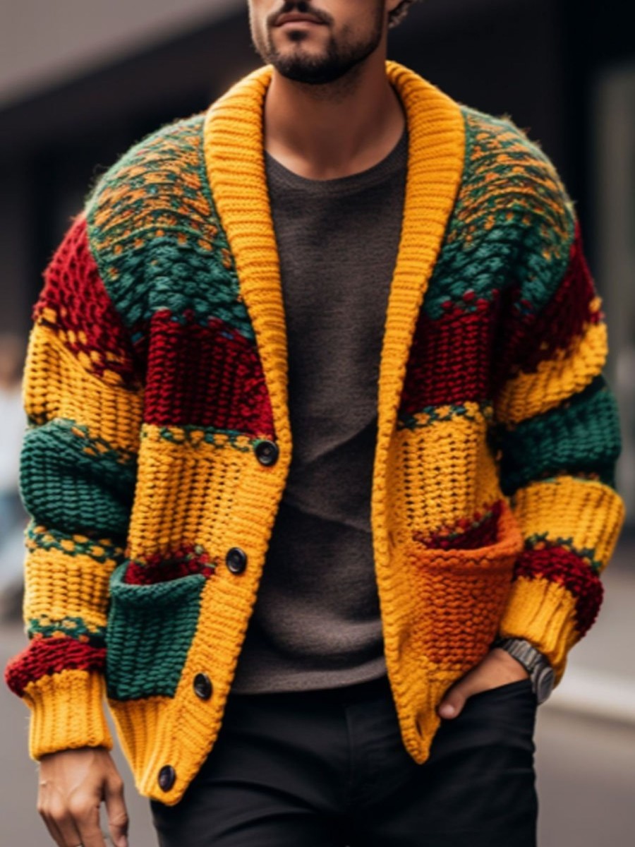 Men BXL Cardigan | Men'S Colorful Striped Pocket Button Casual Knitted Jacket Cardigan Photo Color