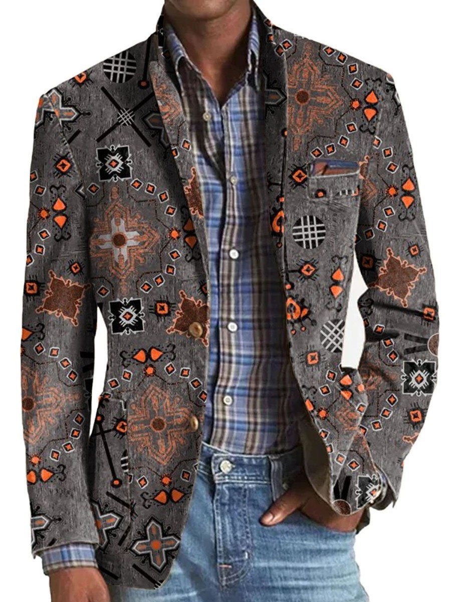 Men DJ Print Jacket | American Retro Ethnic Style Geometric Print 3-Pocket Casual Blazer Photo Color