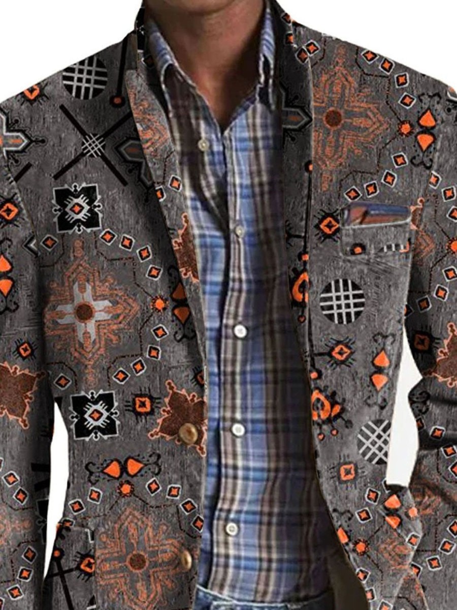 Men DJ Print Jacket | American Retro Ethnic Style Geometric Print 3-Pocket Casual Blazer Photo Color