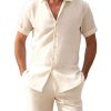 Men BXL Set | Men'S Solid Color Cotton And Linen Short-Sleeved Shirt And Shorts Suit Beige