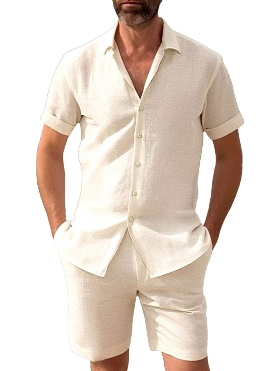 Men BXL Set | Men'S Solid Color Cotton And Linen Short-Sleeved Shirt And Shorts Suit Beige