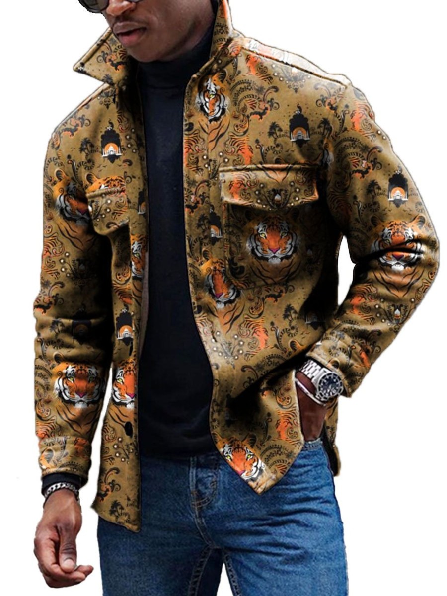 Men DJ Jacket | Vintage Tiger Print Pocket Lapel Corduroy Jacket Photo Color