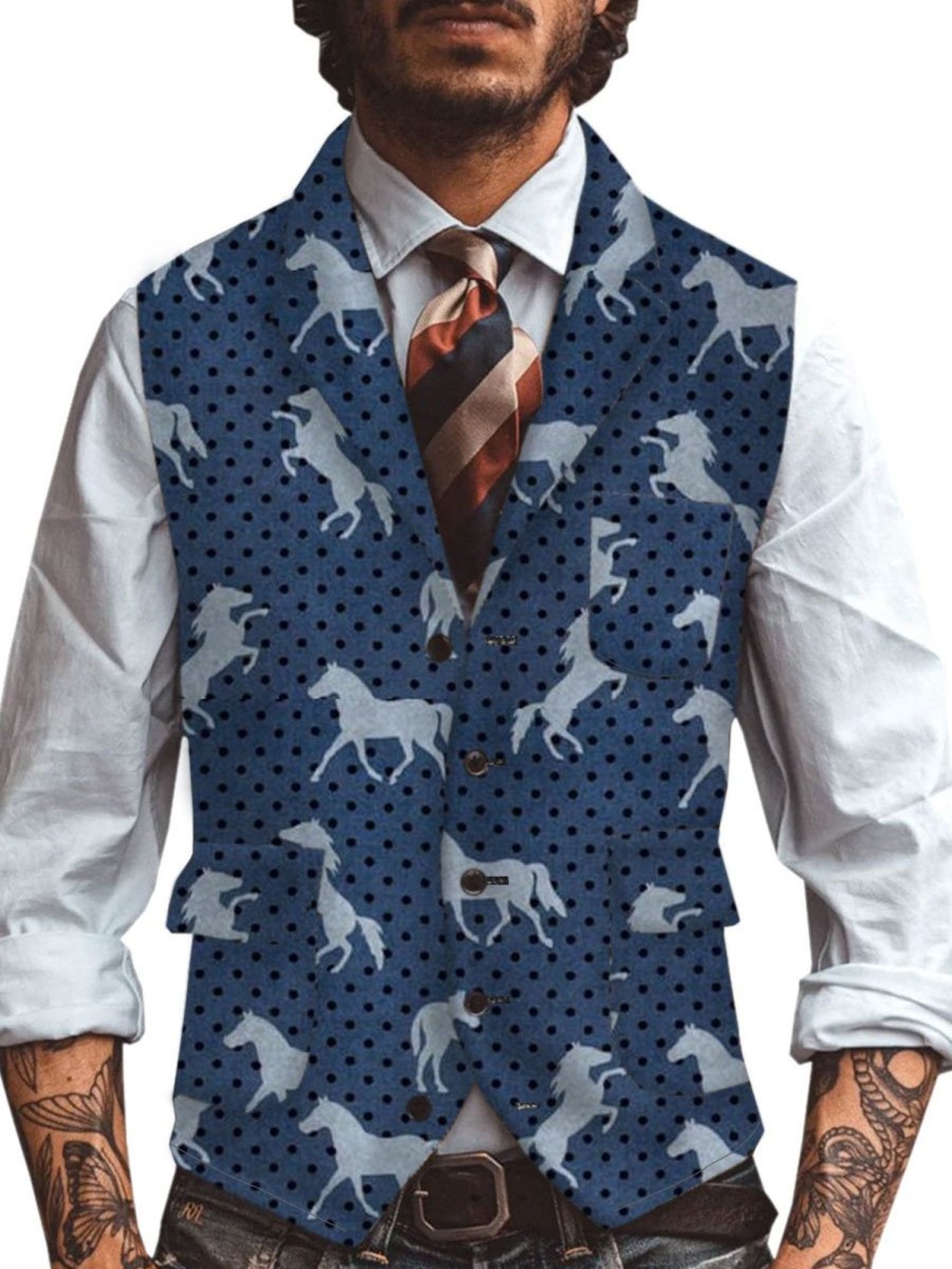 Men DJ Vest | Retro Horse And Polka Dot Print Three-Pocket Lapel Casual Vest Navy Blue