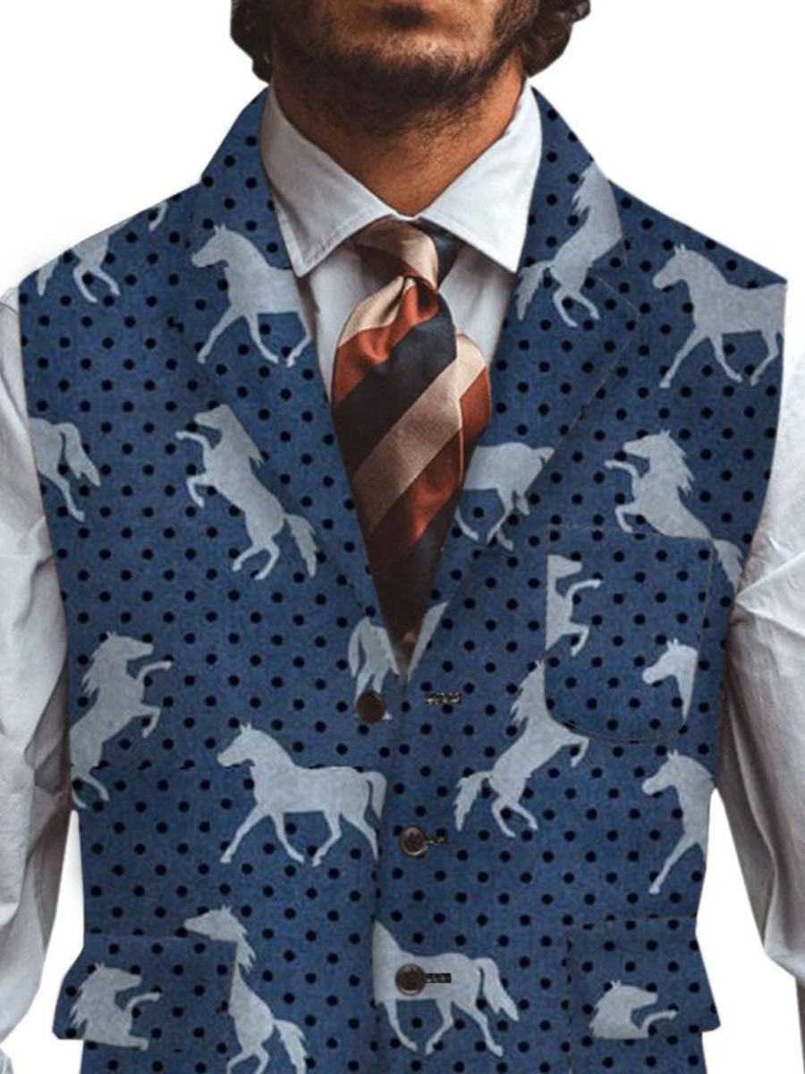 Men DJ Vest | Retro Horse And Polka Dot Print Three-Pocket Lapel Casual Vest Navy Blue