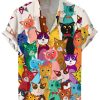 Men DJ Shirts | Men'S Colorful Cartoon Cat Print Short Sleeve Shirt Photo Color