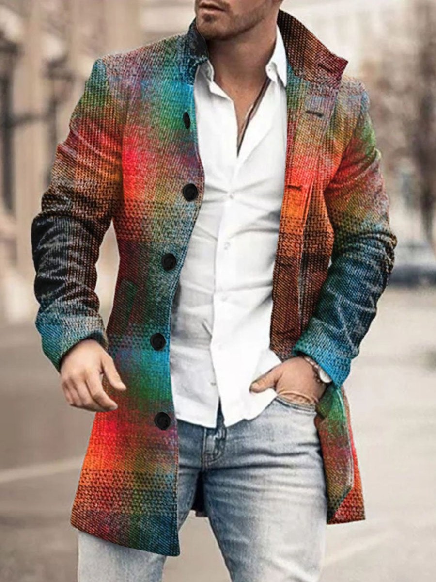 Men DJ Print Jacket | Vintage Gradient Plaid Print Double Pocket Stand Collar Casual Jacket Photo Color