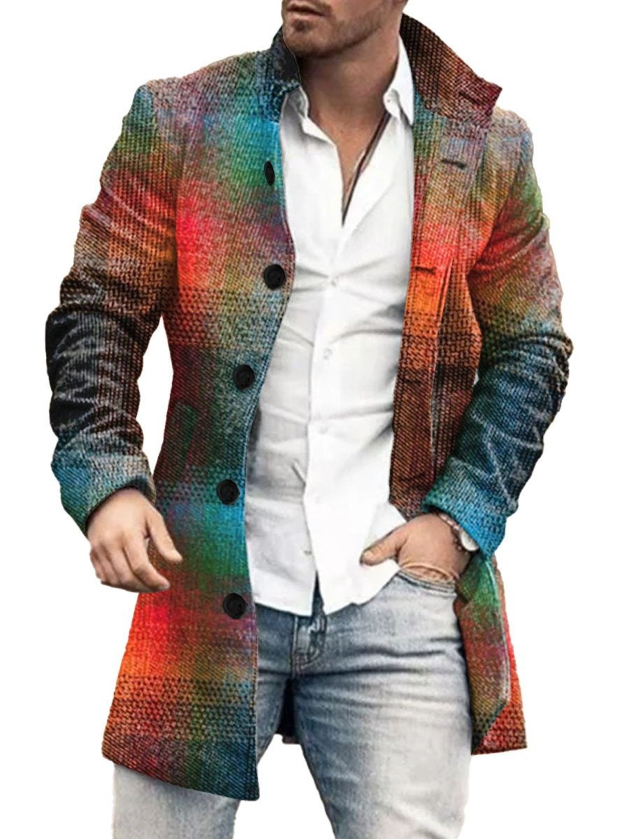 Men DJ Print Jacket | Vintage Gradient Plaid Print Double Pocket Stand Collar Casual Jacket Photo Color