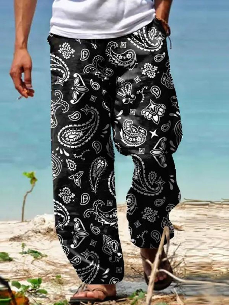 Men GYJ Bottoms | Retro Pattern Men'S Casual Two-Pocket Trousers Black