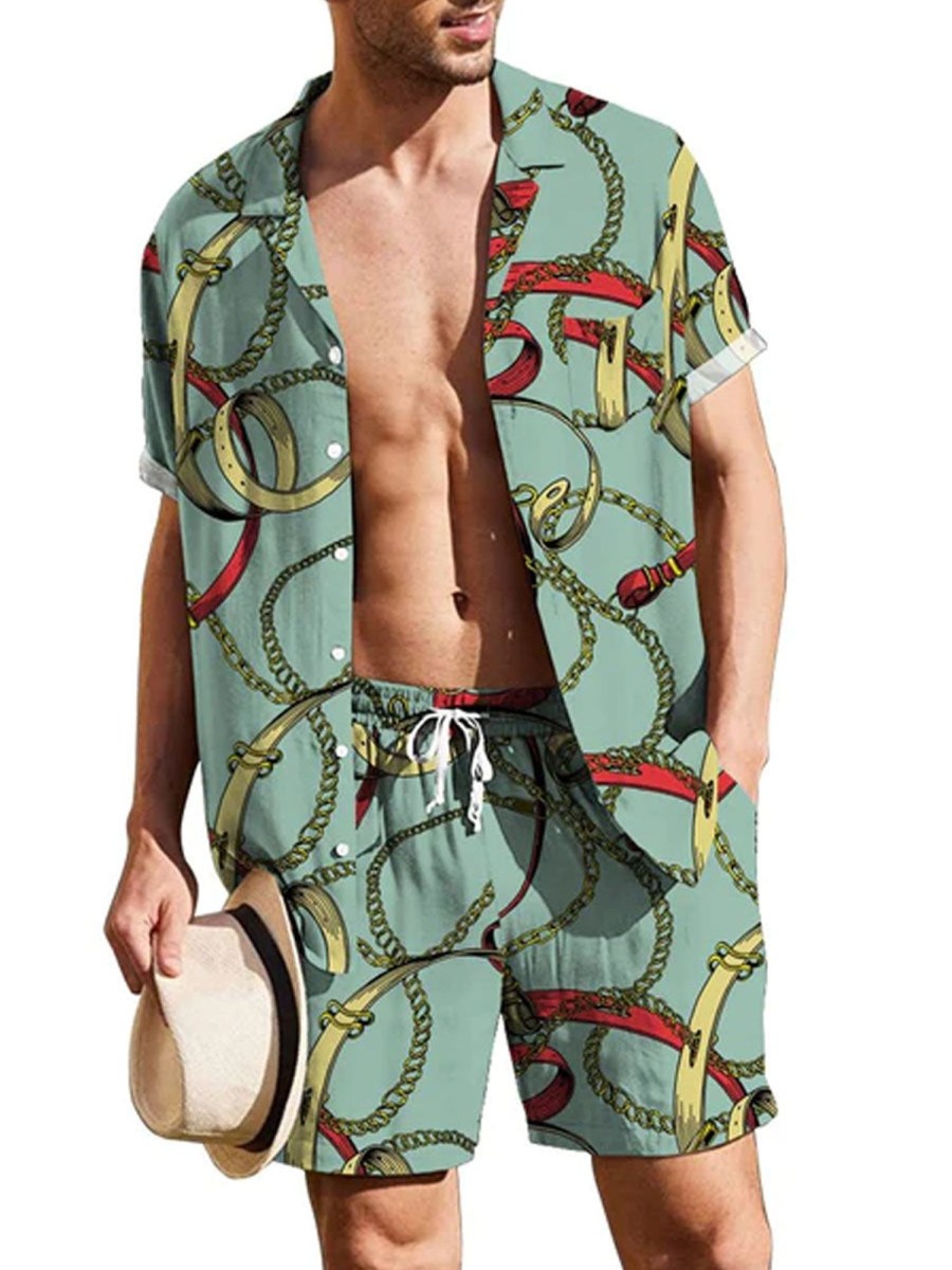 Men DJ Set | Vintage Metal Chain Print Casual Resort Set Green