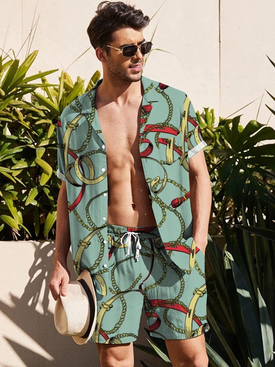 Men DJ Set | Vintage Metal Chain Print Casual Resort Set Green