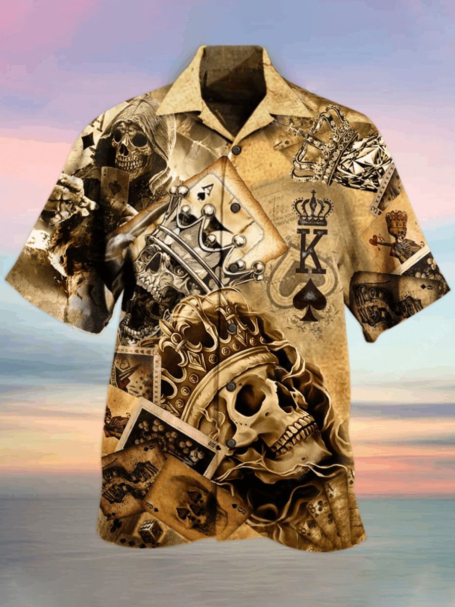 Men HLJ Shirts | Men'S Poker Skull Print Hawaiian Short Sleeve Shirt Photo Color