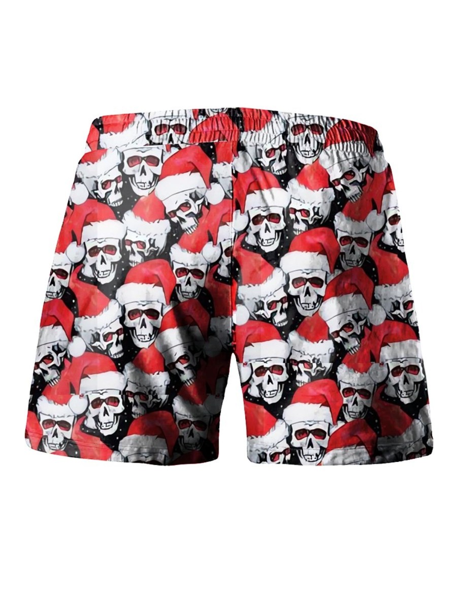 Men LJC Bottoms | Santa Hat Skull Print Hawaiian Track Shorts Photo Color