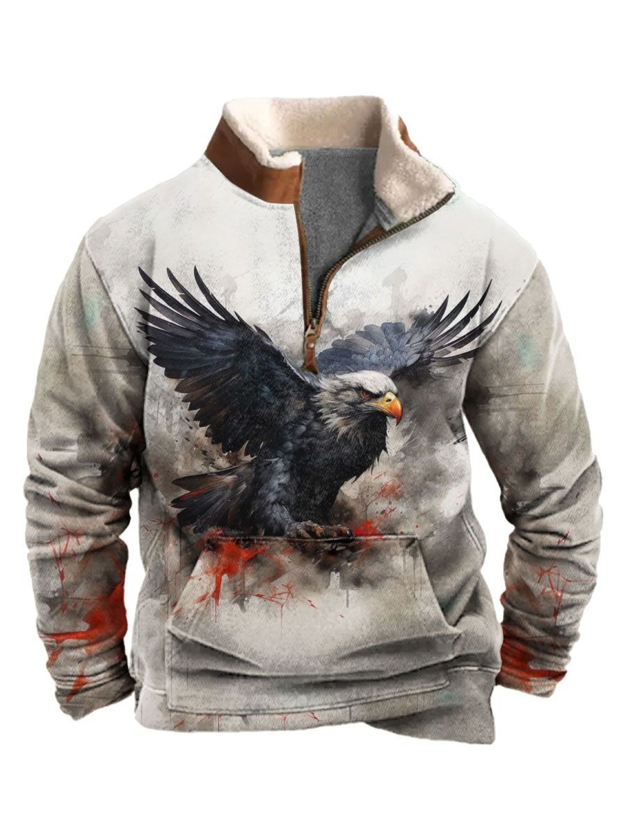 Men BXL T-Shirts | Men'S Save The Animals Eagle Art Painted Pocket Zip Fleece Collar Sweatshirt Gray