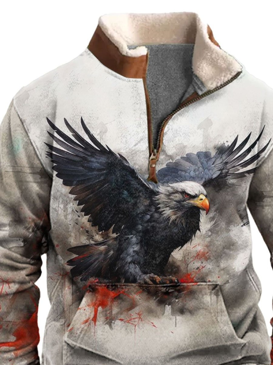 Men BXL T-Shirts | Men'S Save The Animals Eagle Art Painted Pocket Zip Fleece Collar Sweatshirt Gray