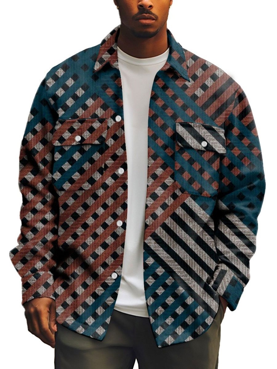 Men BXL Print Jacket | Men'S Corduroy Multicolor Plaid Print Single Breasted Shirt Jacket Photo Color