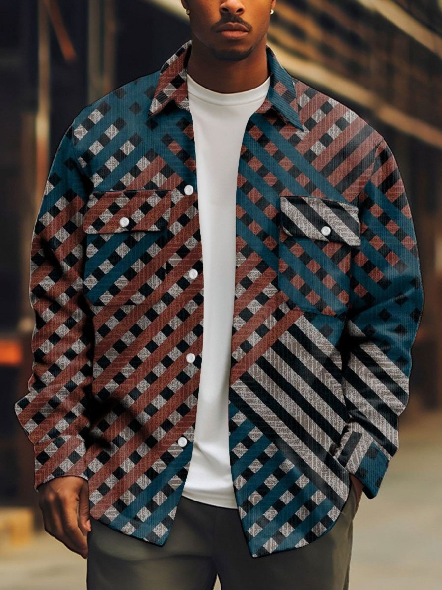 Men BXL Print Jacket | Men'S Corduroy Multicolor Plaid Print Single Breasted Shirt Jacket Photo Color