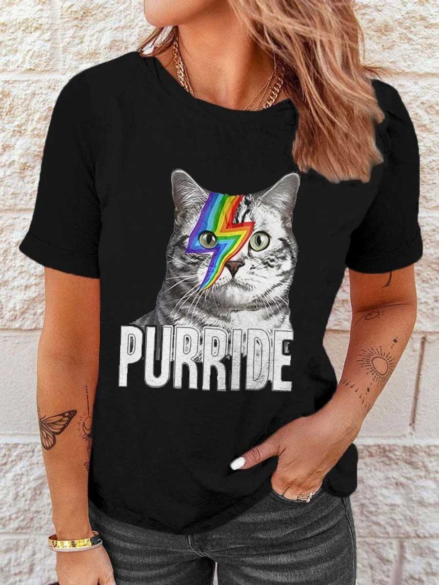 Women DJ | Women'S Lgbt Rainbow Pride Cat Purride Print T-Shirt