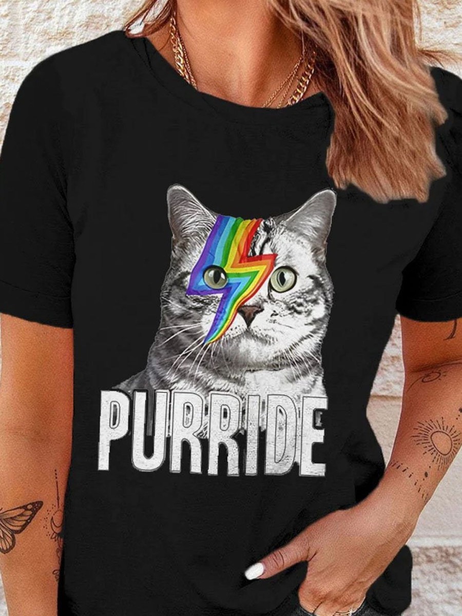 Women DJ | Women'S Lgbt Rainbow Pride Cat Purride Print T-Shirt