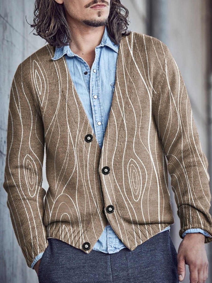 Men DJ Print Cardigan | Retro Tree Ring Print V-Neck Knitted Cardigan Khaki