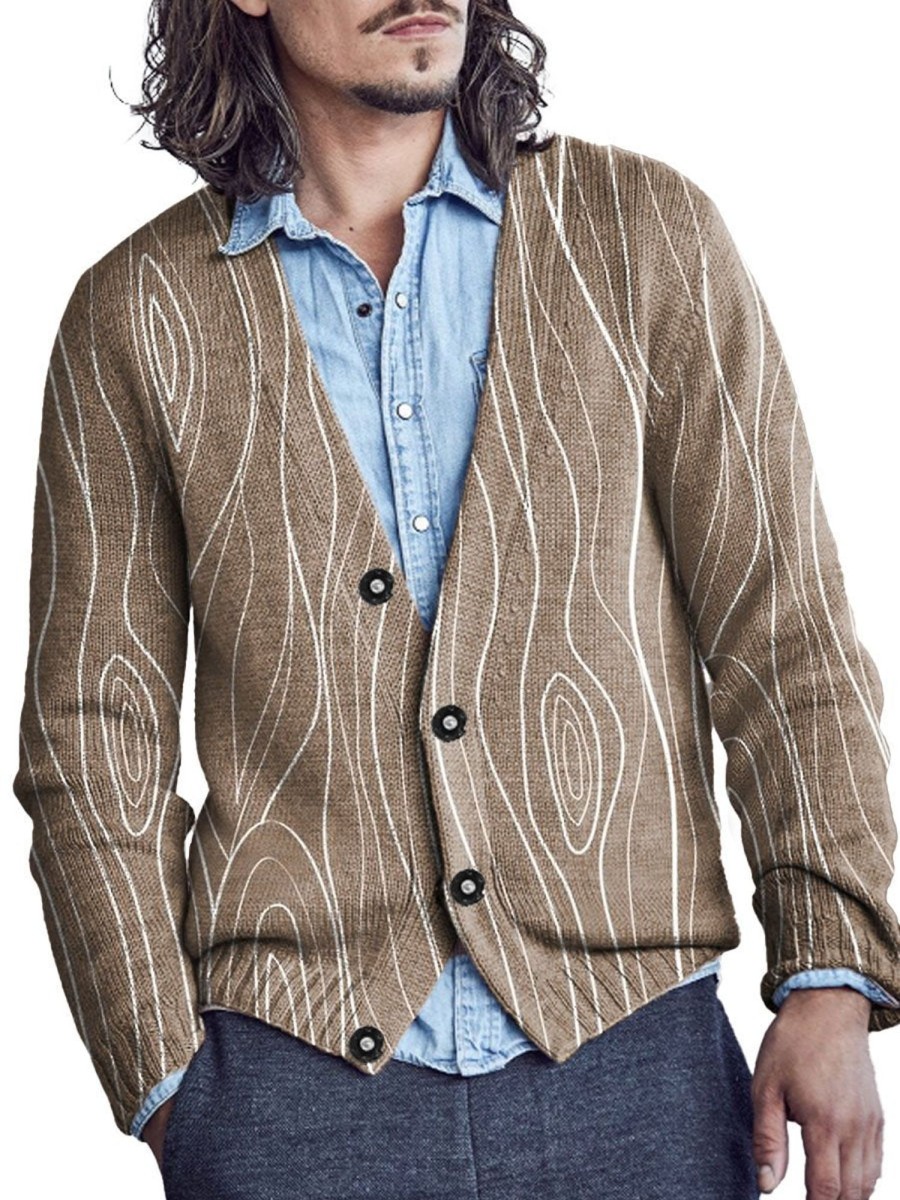 Men DJ Print Cardigan | Retro Tree Ring Print V-Neck Knitted Cardigan Khaki