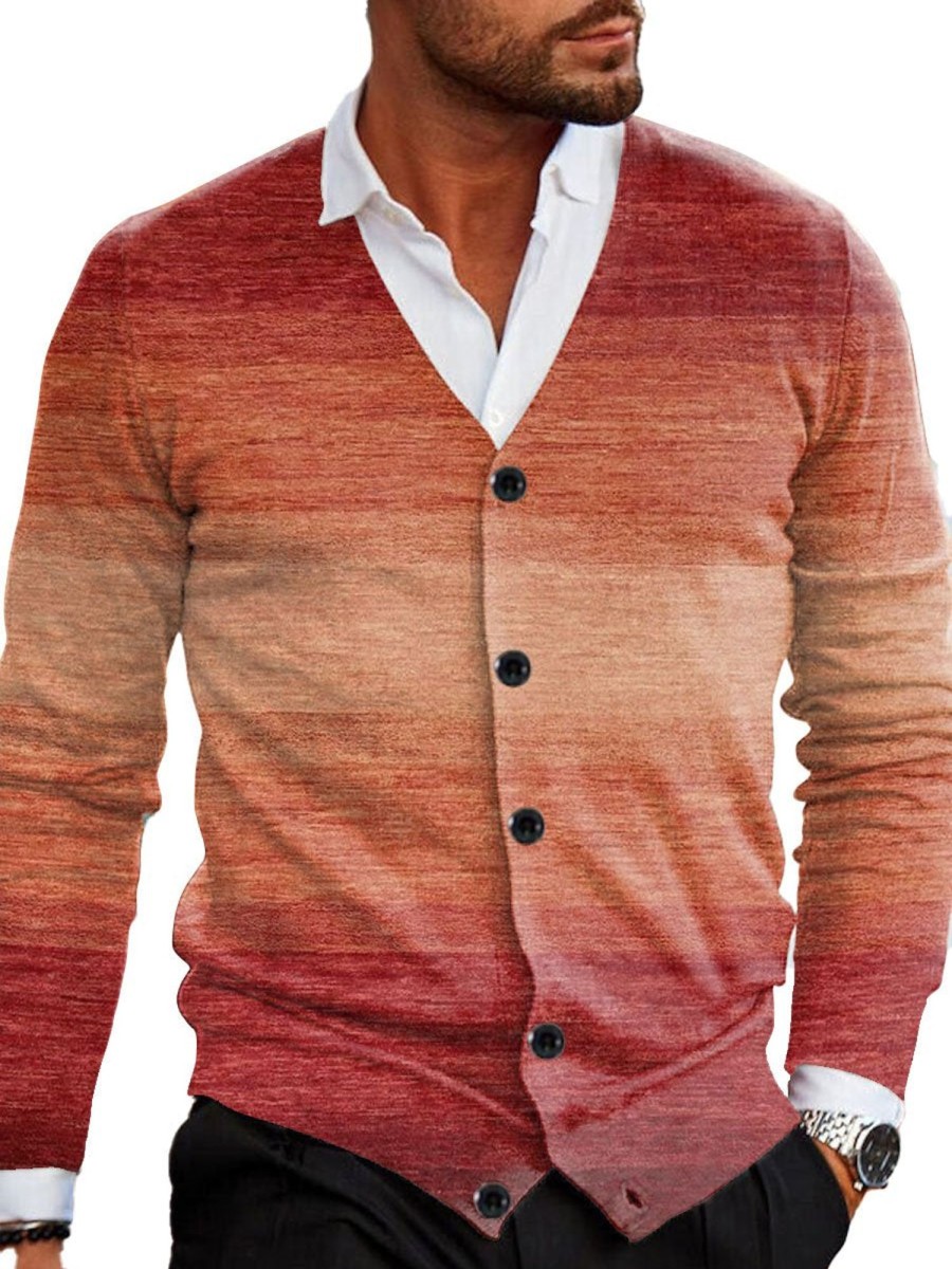 Men DJ Print Cardigan | Retro Gradient Printed V-Neck Knitted Cardigan Photo Color