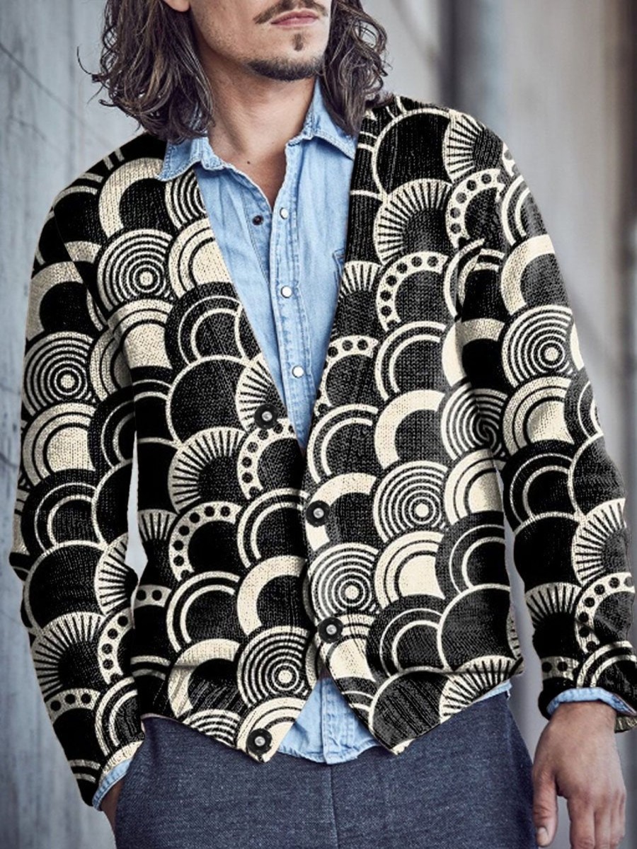 Men DJ Print Cardigan | Retro Geometric Print V-Neck Casual Knitted Cardigan Black