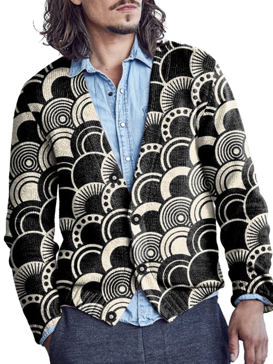 Men DJ Print Cardigan | Retro Geometric Print V-Neck Casual Knitted Cardigan Black