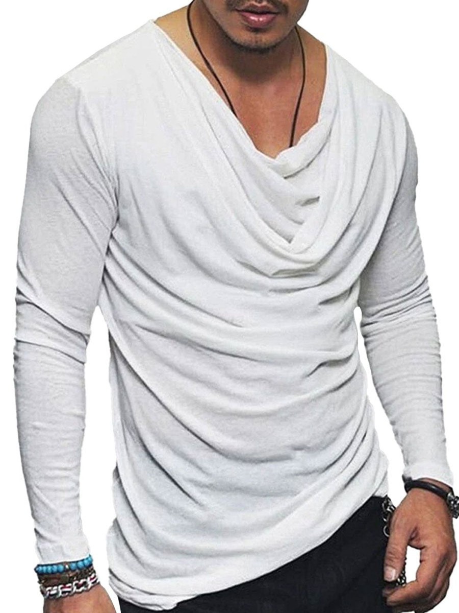 Men BXL Casual Long Sleeve Shirts | Men'S Solid Color Pile Collar Casual Long Sleeve T-Shirt White