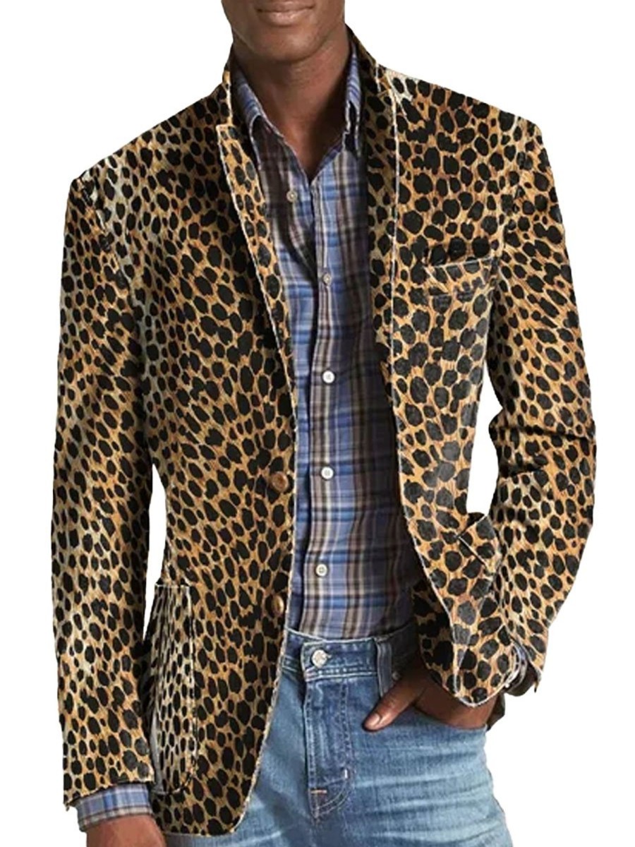 Men BXL Print Jacket | Vintage Twill Leopard Print Blazer Photo Color