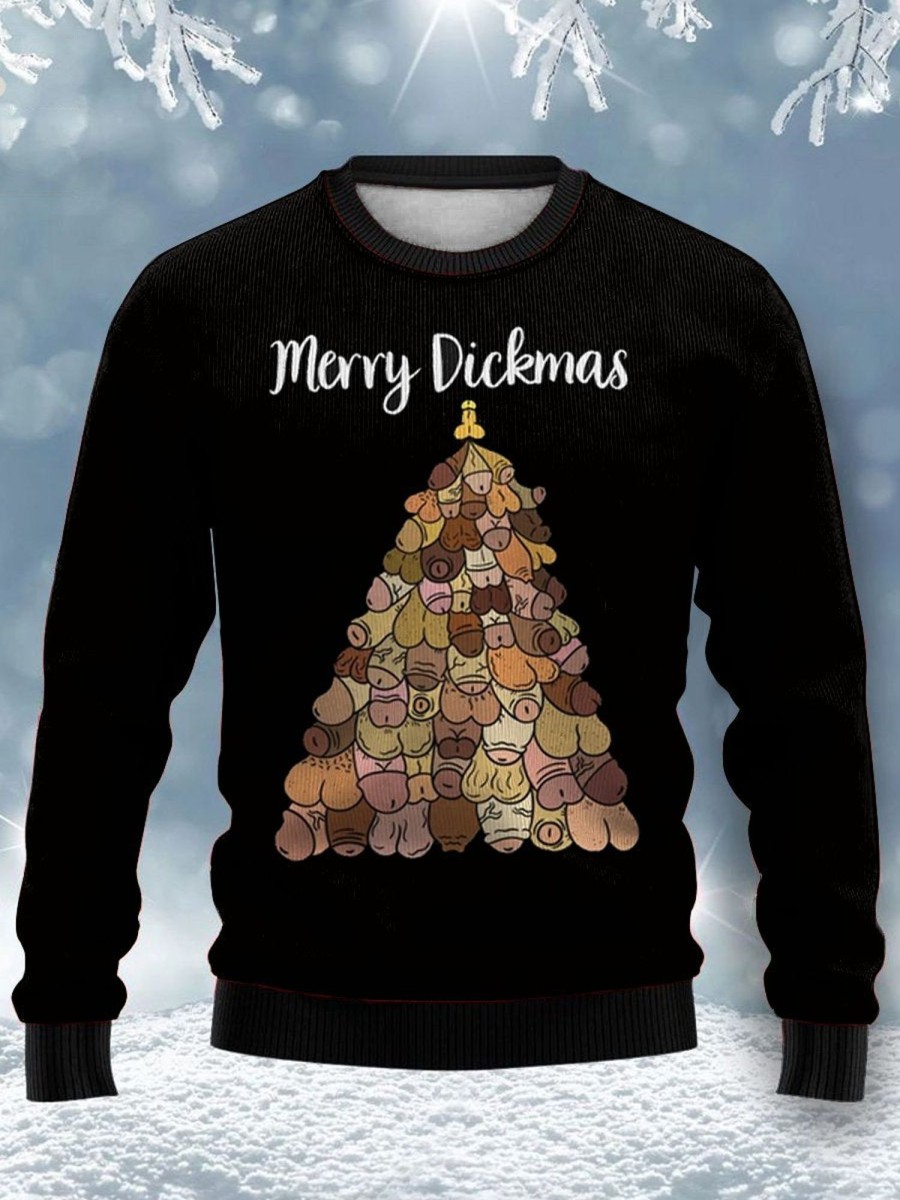 Men DJ Ugly Sweater | Vintage Merry Cockmas Print Crew Neck Sweatshirt Black