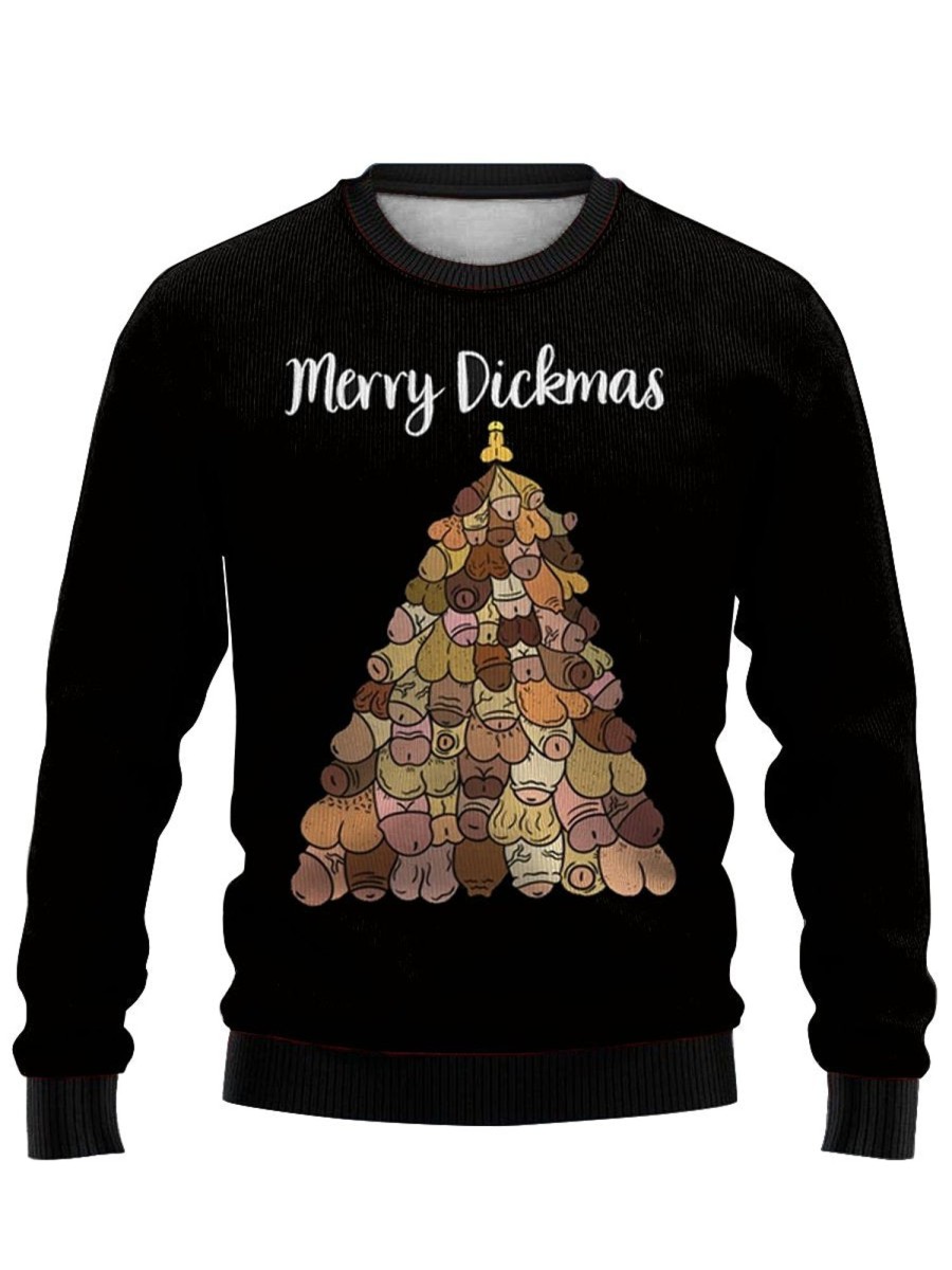 Men DJ Ugly Sweater | Vintage Merry Cockmas Print Crew Neck Sweatshirt Black