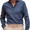 Men DJ Casual Shirts | Half Open Collar Versatile Denim Long Sleeve Shirt Navy