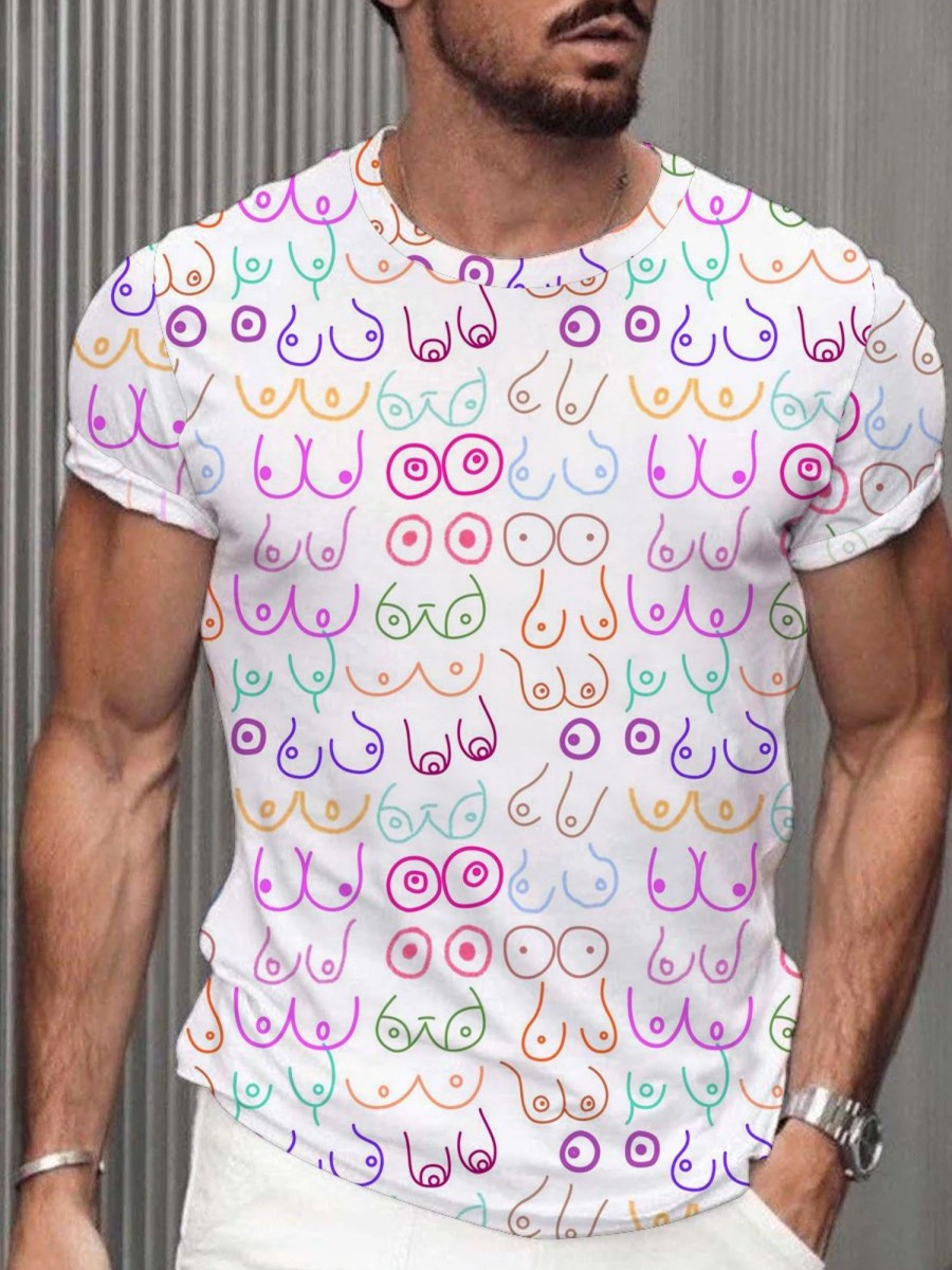 Men DJ T-Shirts | Colorful Breast Print Round Neck Short-Sleeved T-Shirt Photo Color