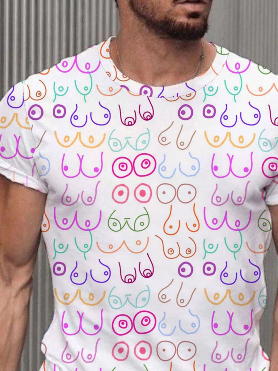 Men DJ T-Shirts | Colorful Breast Print Round Neck Short-Sleeved T-Shirt Photo Color