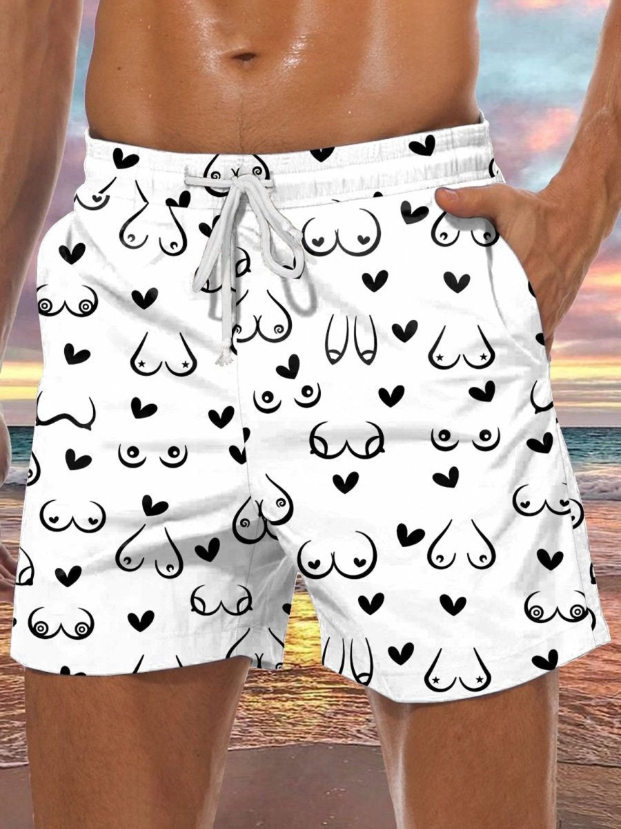 Men DJ Bottoms | Boobs And Hearts Print Pocket Tie Shorts White